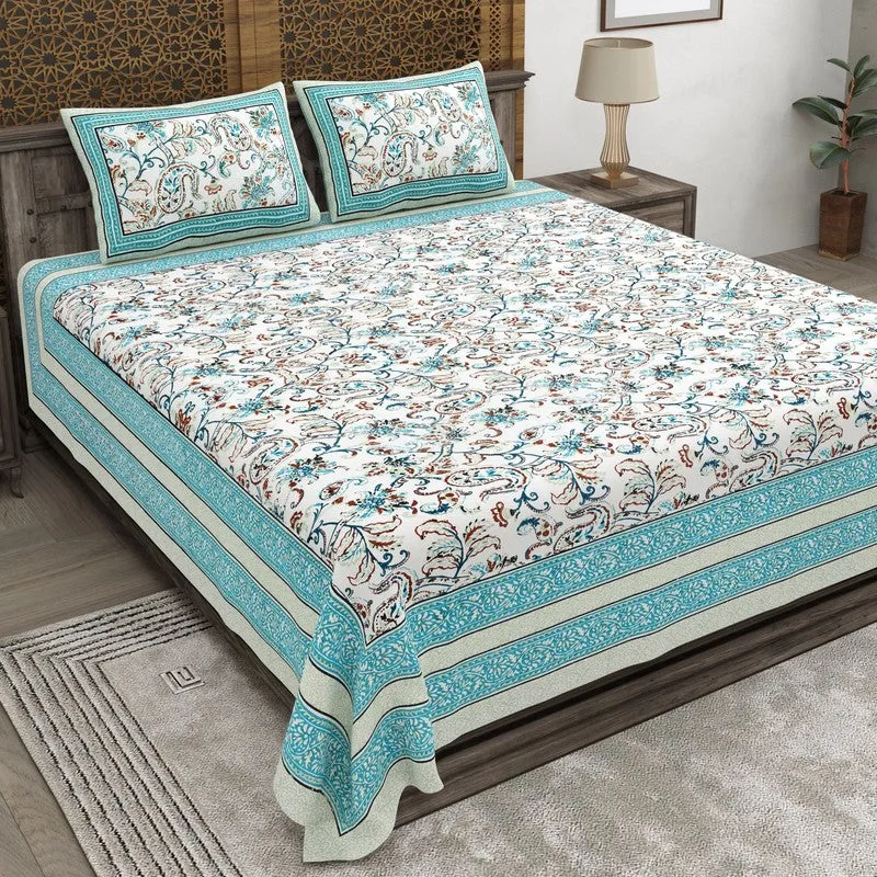 Desily Cotton Bedsheet (White,Blue) - 240 TC media 1