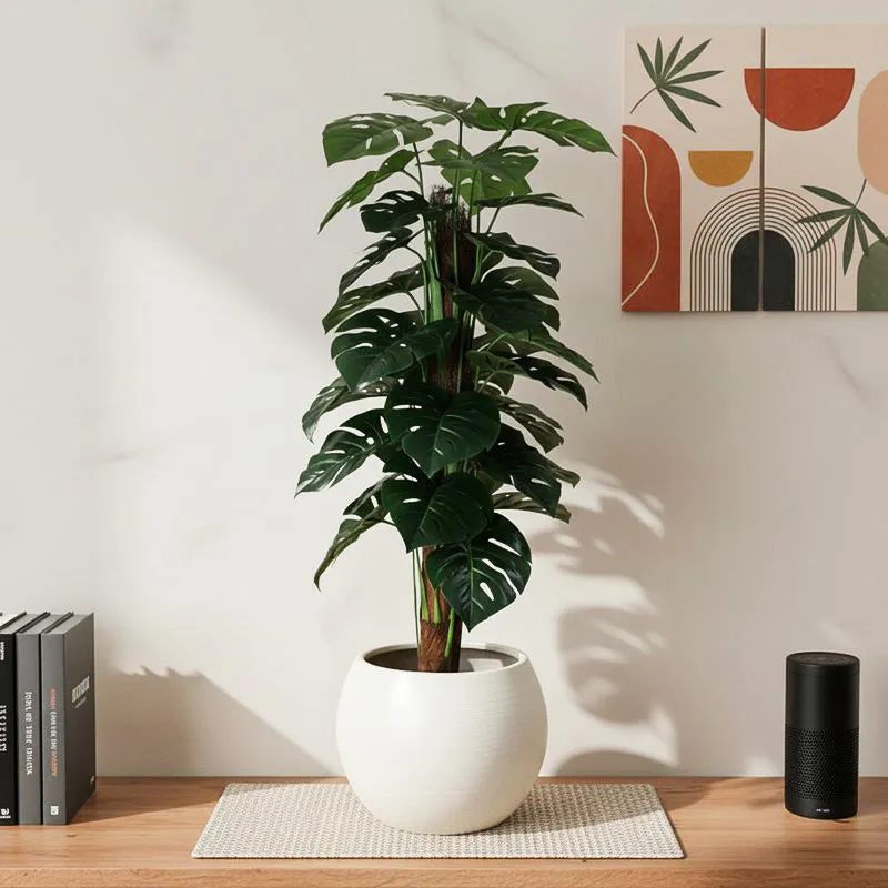 Faux Pola Monstera Plant With Black Plastic Pot - 2.95 ft media 1