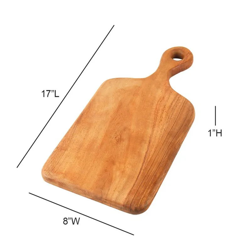 Brown wooden chopping board shown with measurement lines