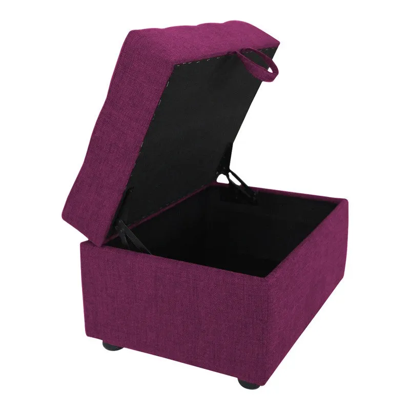 Purple storage ottoman shown open with hinged lid