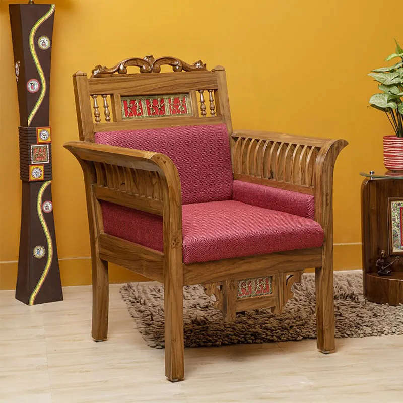 Maharaja Teak Wood Accent Chair - Maroon media 1
