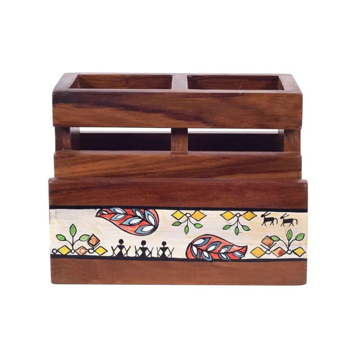 Front view of a brown wooden cutlery holder with a colourful decorative motif