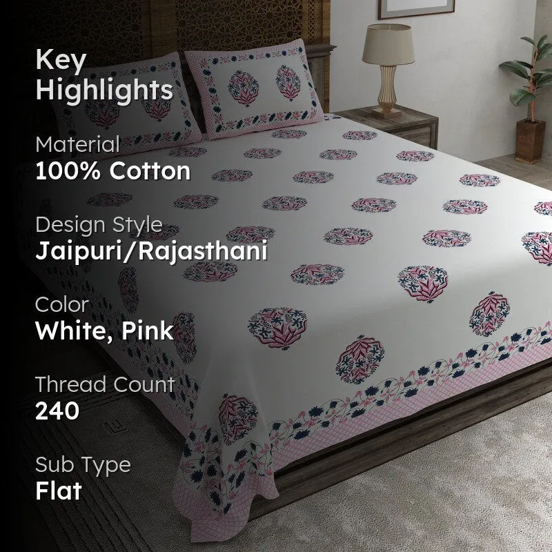 Rangen Cotton Bedsheet (White,Pink) - 240 TC media 2