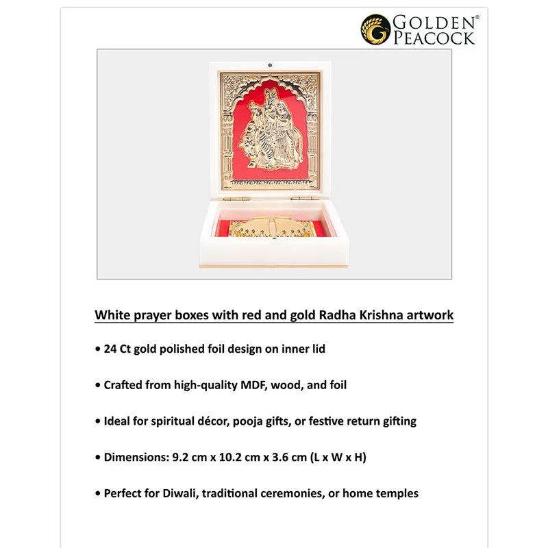 Front view of the open ivory accent box with a red and gold devotional design