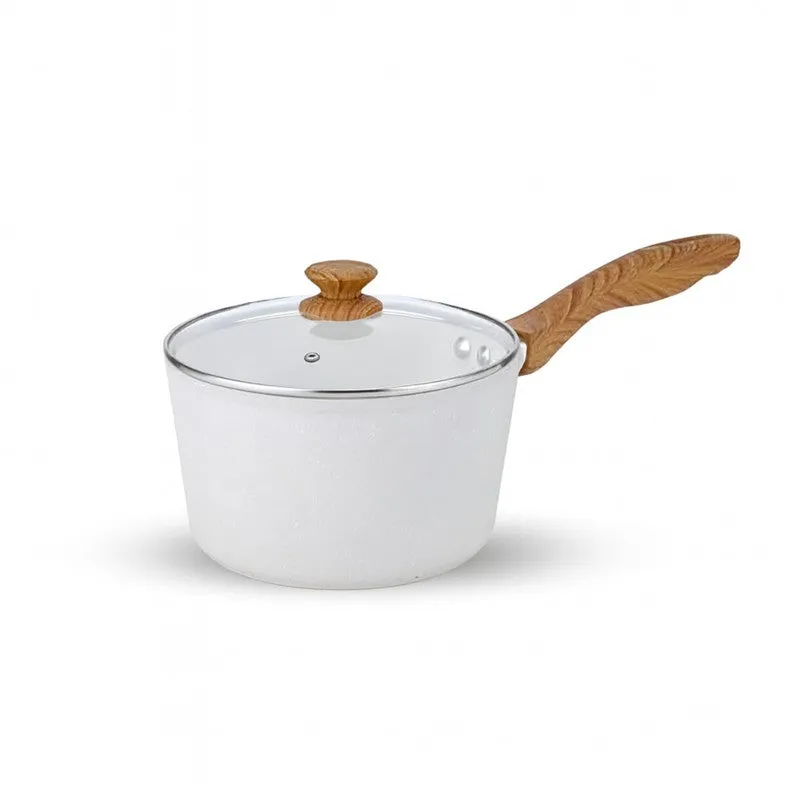 White speckled saucepan with glass lid and wood-look handle on a white background