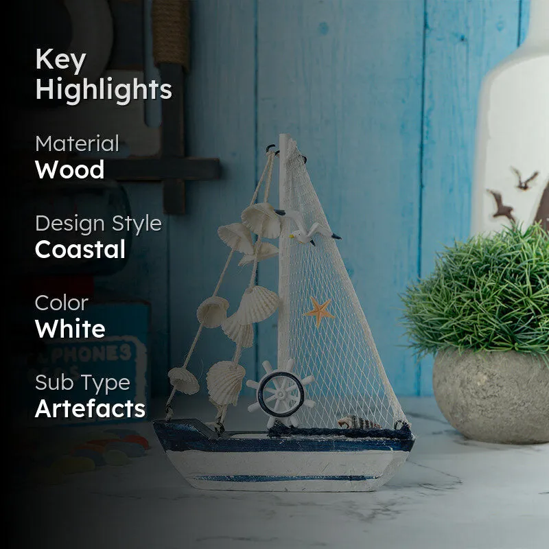 White and blue sailboat showpiece styled indoors with highlight text overlay