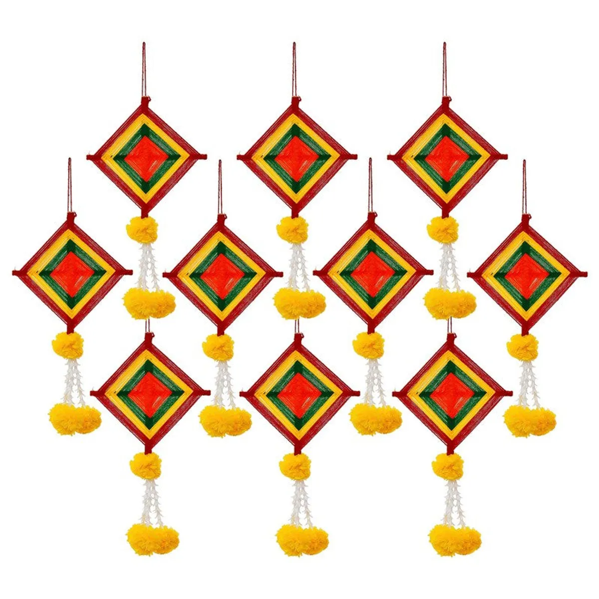 Ten multicolour diamond-shaped latkans arranged together on a white background