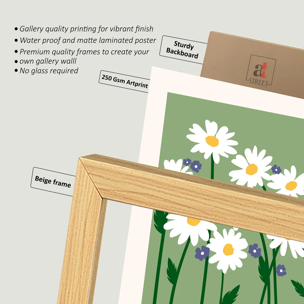 Close-up of a light wood-look frame corner with a floral print and backing board.
