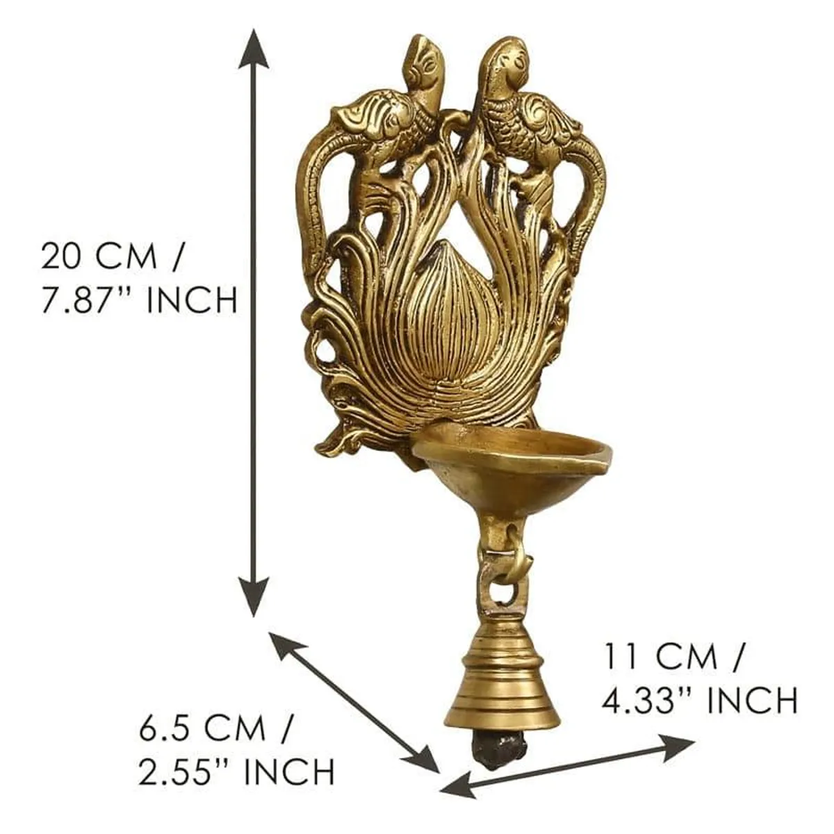 Side view of gold brass wall hanging diya with visible size arrows