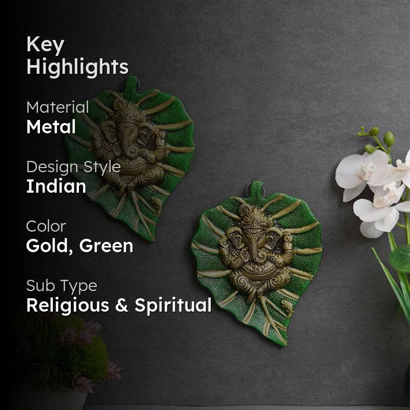Ganapati On Green Leaf Religious Metal Wall Accent - Set of Two media 2