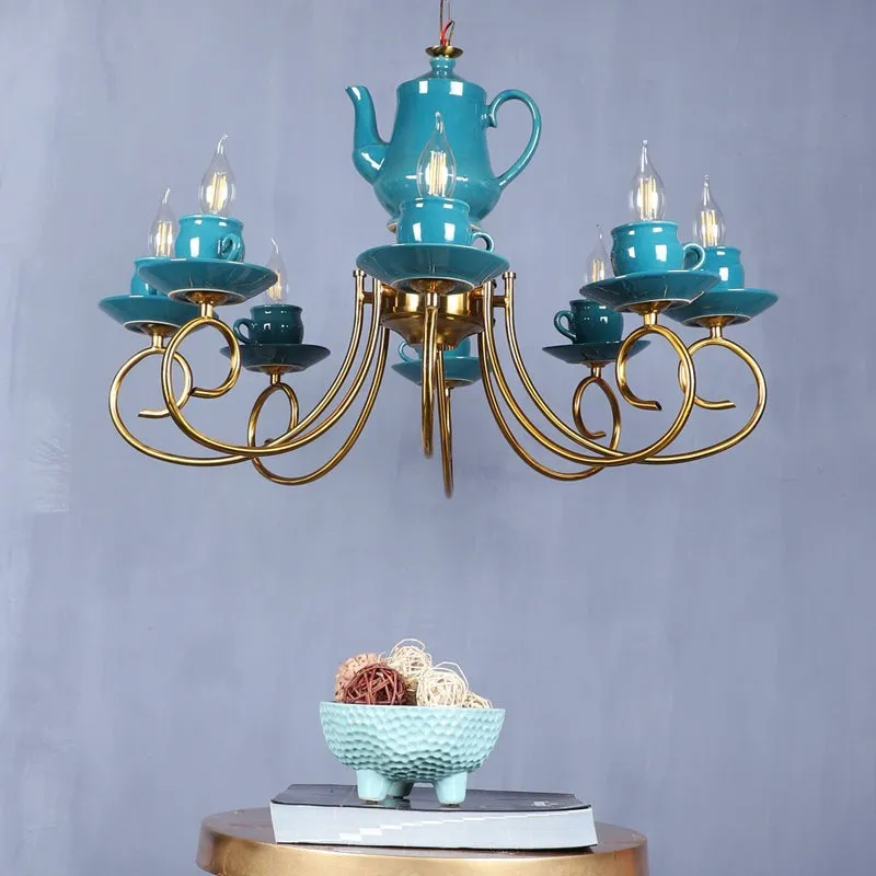Artistic Teapot Iron Chandelier - Blue & Gold media 3