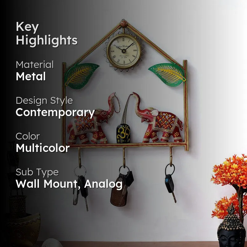 Elephant Utility Key Holder Metal Wall Clock media 2