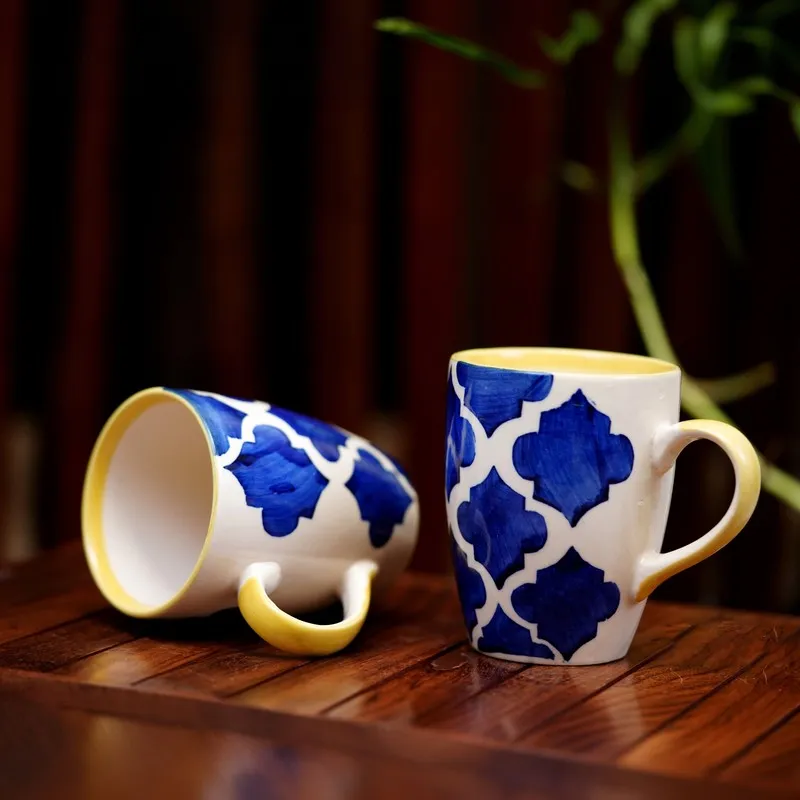 Ceramic Ceramic Coffee Mug (300 mL Each,Blue,Yellow) - Set Of Two media 1