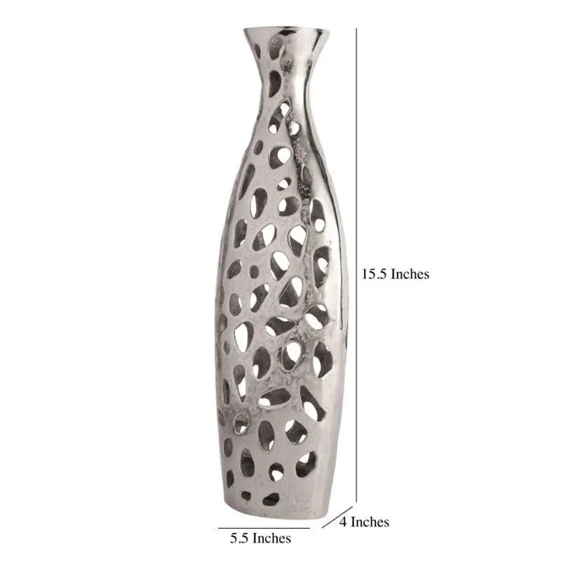 Tall silver cutout vase shown upright on a white background