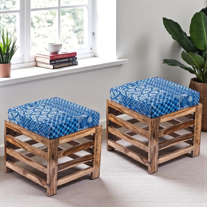 Tirox Sheesham Wooden Bench with Cushions (Blue) - Four Piece Set