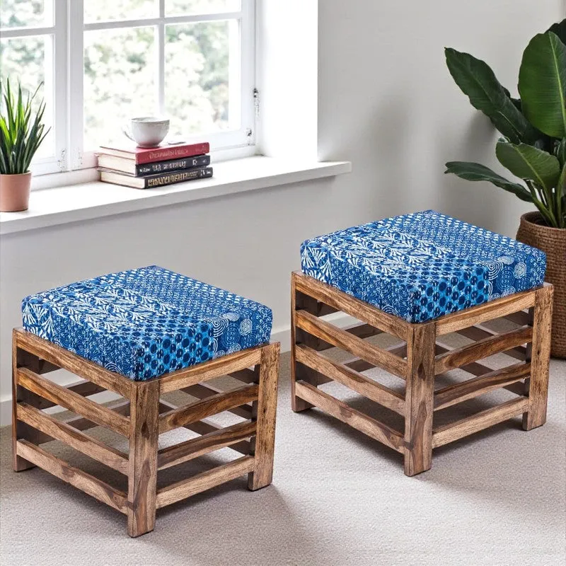Tirox Sheesham Wooden Bench with Cushions (Blue) - Four Piece Set media 1