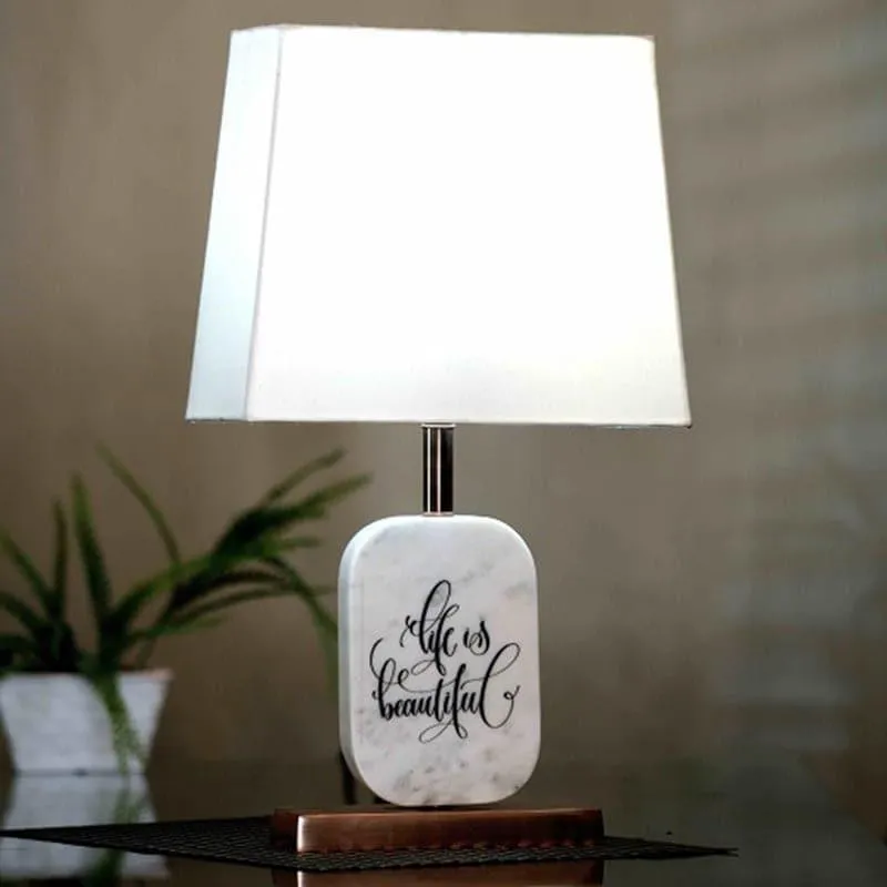 Life Light Printed Marble & Copper Base Fabric Table Lamp - White media 1