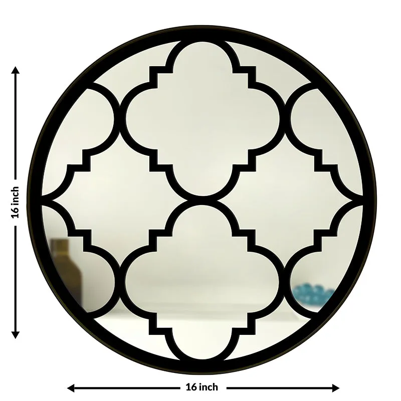 Round decorative mirror with black motif and 16 inch size markers
