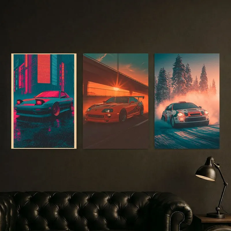 Three automotive wall posters above a dark leather sofa