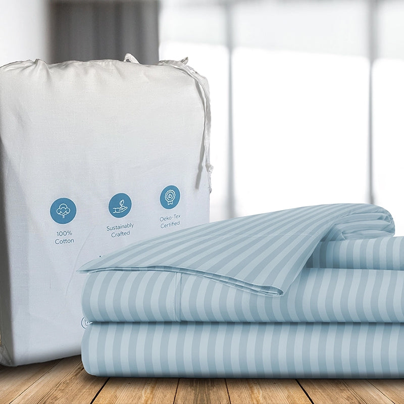Sleek Loom Striped Cotton  Cotton Bedsheet (Pastel Blue) - 300 TC media 7