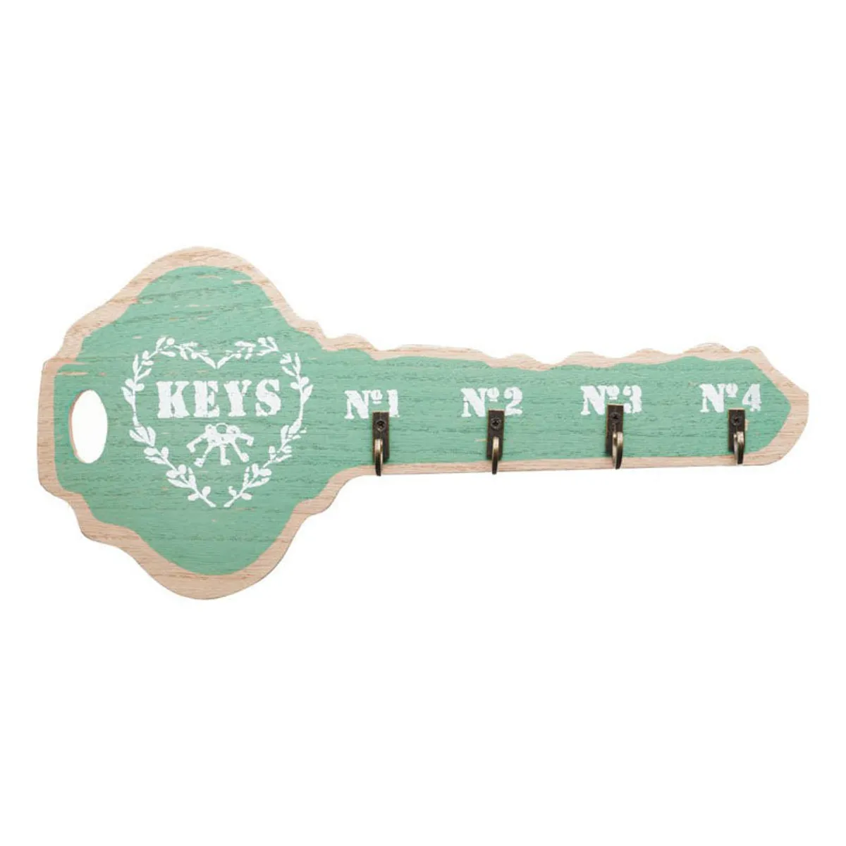 Green key-shaped MDF key holder showing its vintage distressed finish