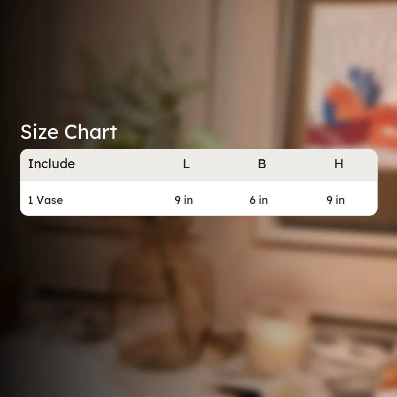 Blurred vase background with size chart graphic overlay