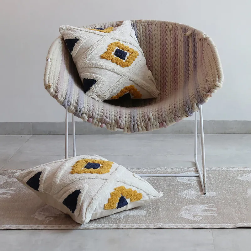 India Circus Terra Spades Tufted Cotton Cushion Cover (White & Yellow) - Set Of Two media 1