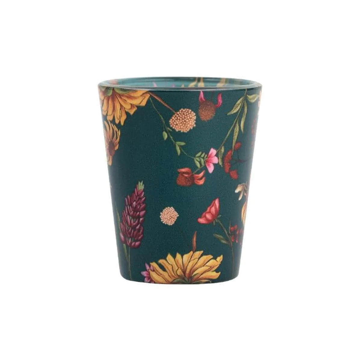 Single green floral shot glass with multicolour botanical motif