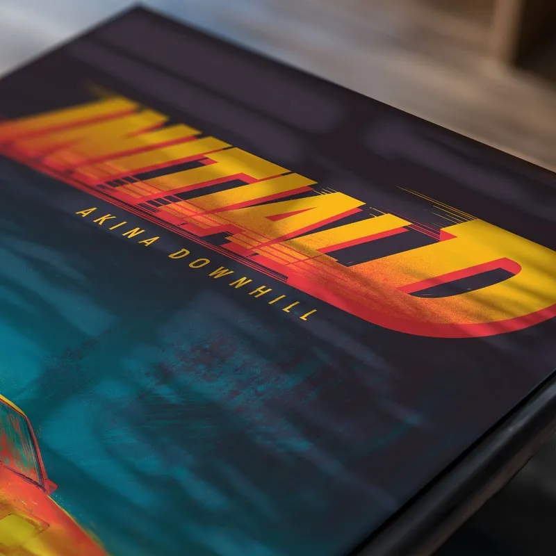 Close-up of poster with bold yellow lettering and car artwork