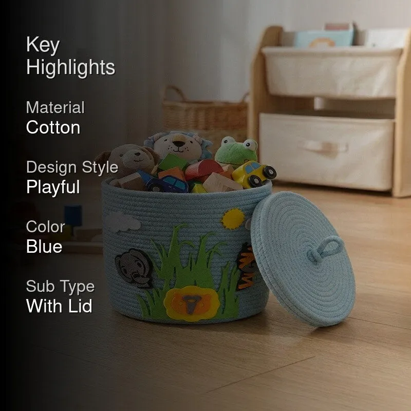 Blue cotton storage basket with lid and jungle animal appliqué