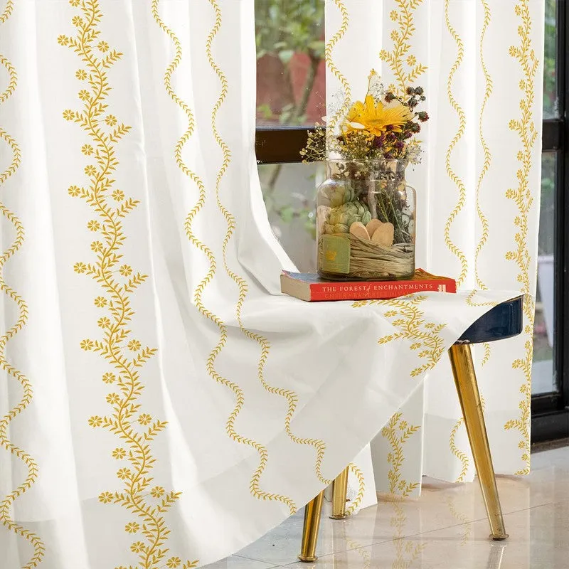 Urban Space Boho White and Yellow cotton room-darkening curtain panel with floral print