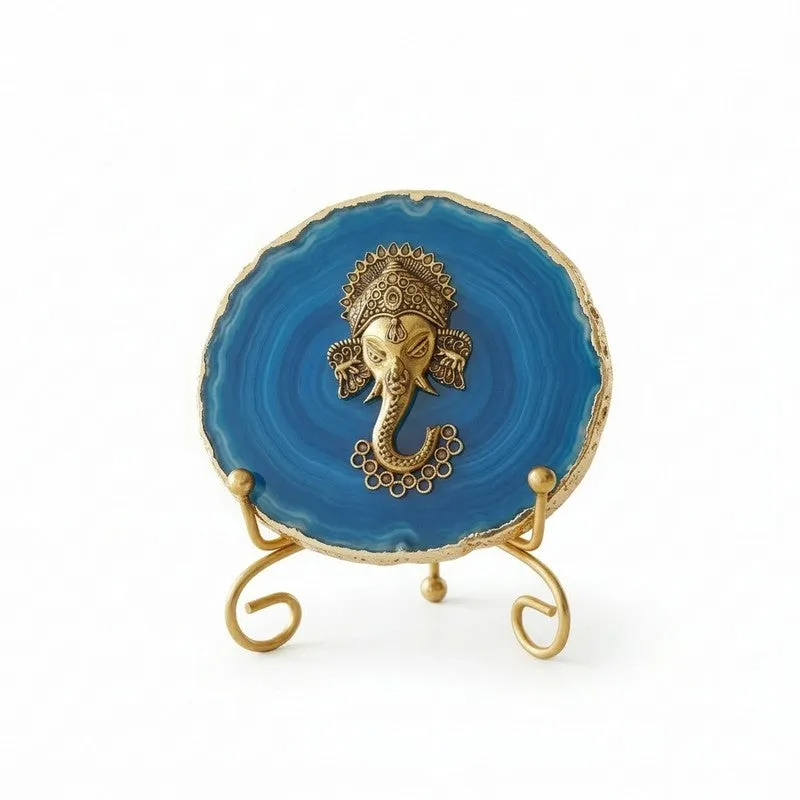 Ganesha Grace Agate Showpiece With Stand - Blue & Gold media 3