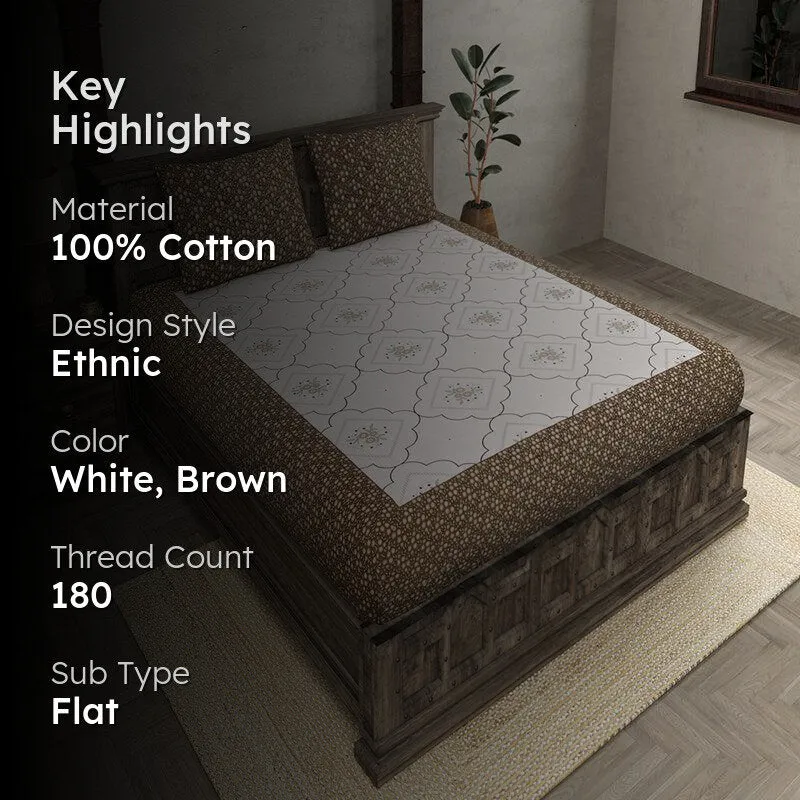 Pinga Ethnic Cotton Bedsheet (White,Brown) - 180 TC media 2