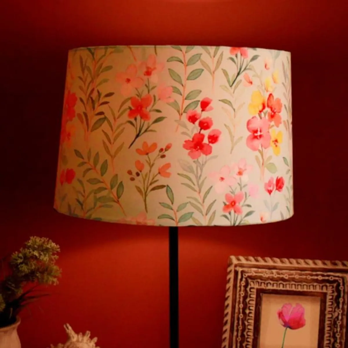 Close-up of the floral fabric shade on the table lamp