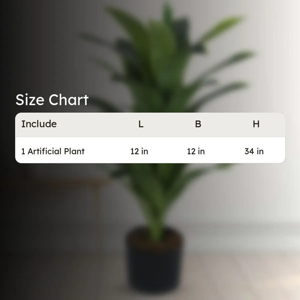 Artificial plant shown with a size chart listing its dimensions