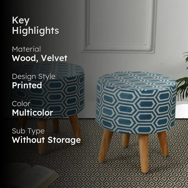 Hexora Blue Box Print Multicolor Engineered Wood Ottomans - Set Of Two media 2