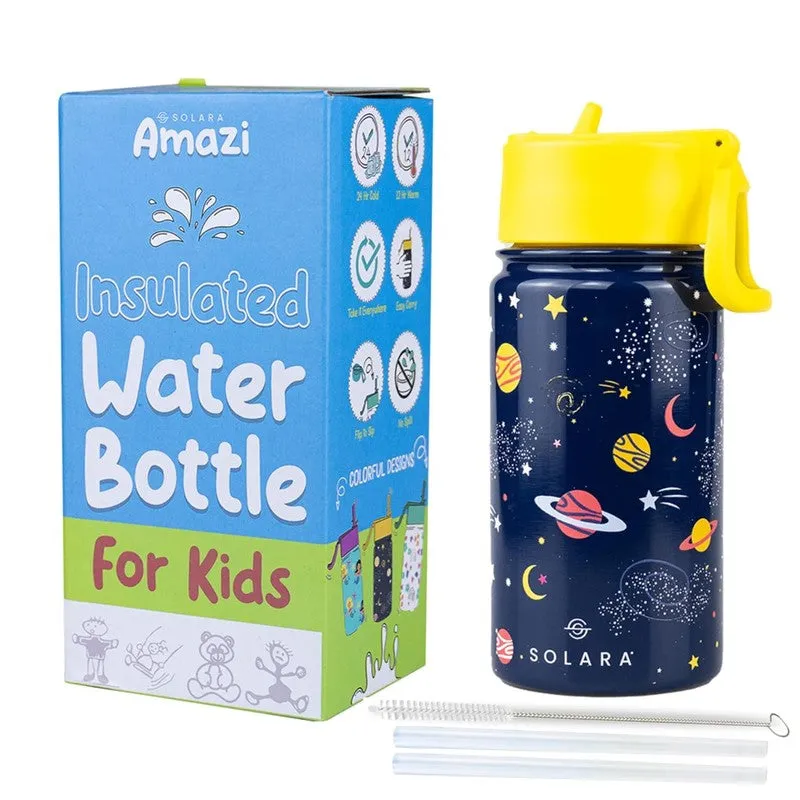 Yellow and blue space-print bottle beside branded product box
