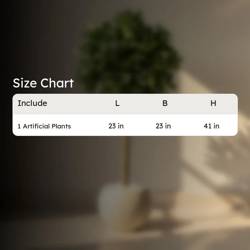 Artificial topiary plant shown in a room setting with a size chart