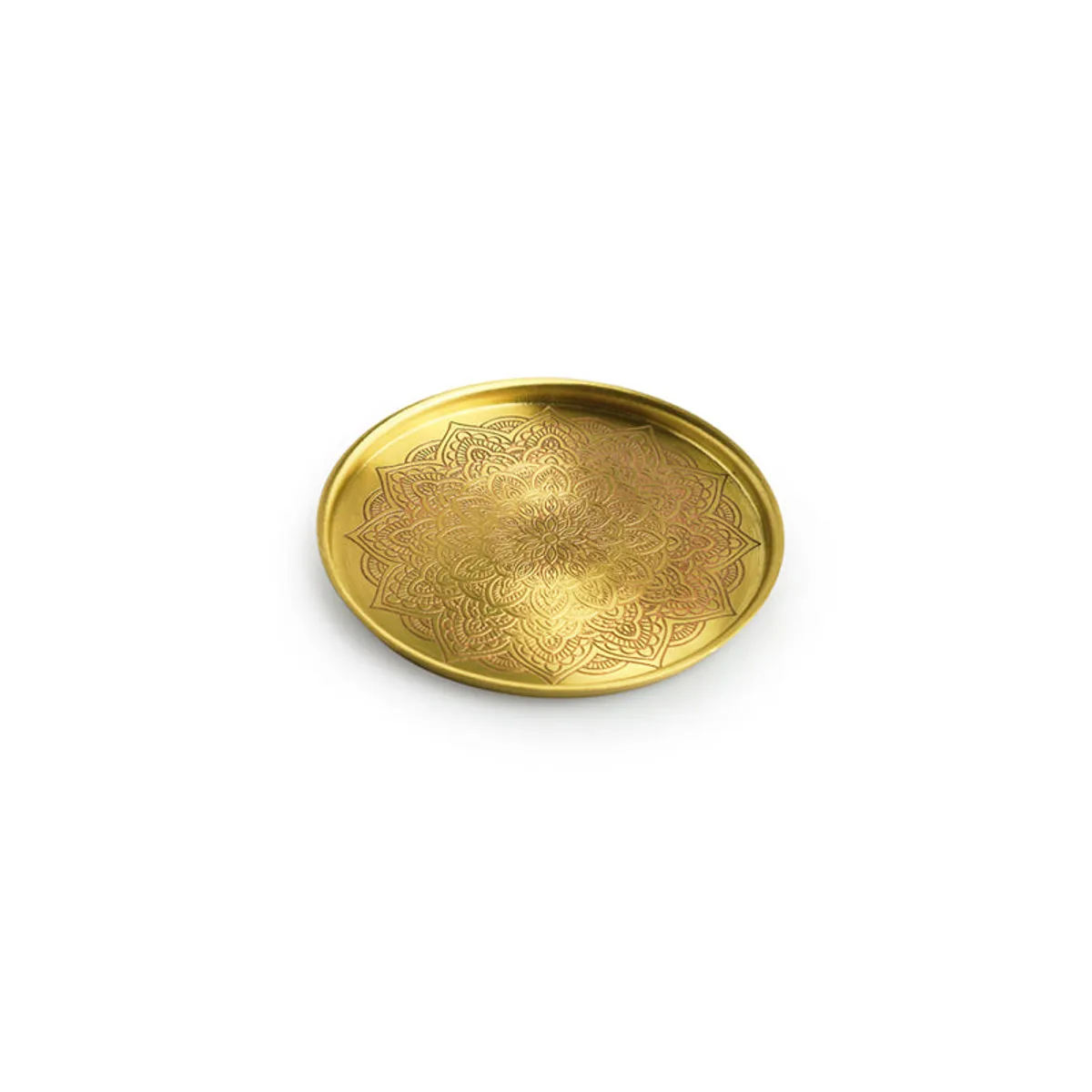 Single gold brass coaster with intricate mandala pattern on a white background.