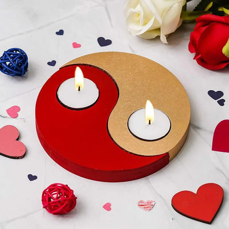Red Yin Yang Wood Tea Light Holder media 1