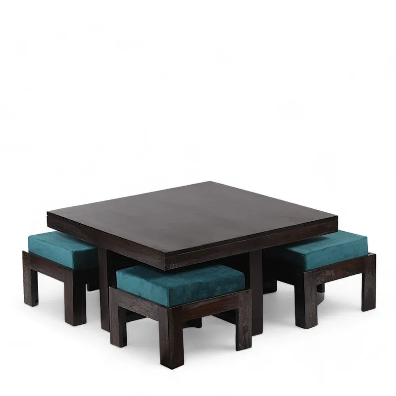 Evrino Sheesham Wooden Center Table with Stools and Cushions (Deep Brown,Blue) - Nine Piece Set media 3