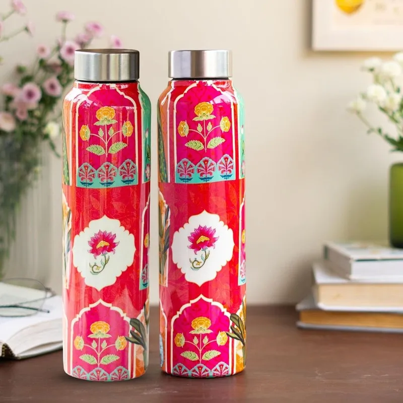 Floral Red Printed Stainless Steel Water Bottle (1000 mL Each) - Set Of Two media 1