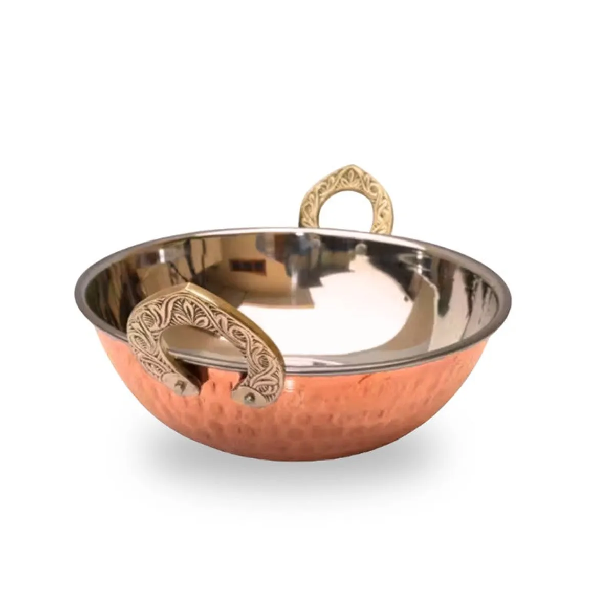 Round copper kadhai with ornate side handles and a stainless steel interior