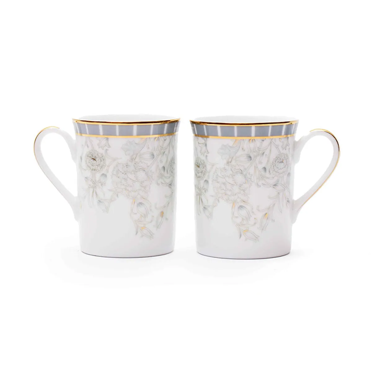 Two white porcelain coffee mugs with grey floral motifs and gold accents