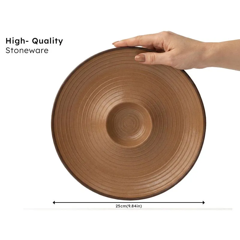 Brown round ceramic platter shown with a 25 cm width measurement