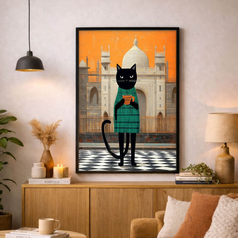 Serene Sips Cat Wall Painting With Frame