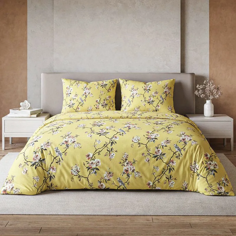 Cherry Blossom Printed Cotton Bedsheet (Mustard Yellow) - 300 TC media 1