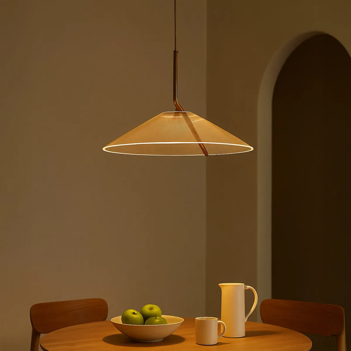 Warm glowing ceiling lamp above a dining table with a fruit bowl, mug and jug