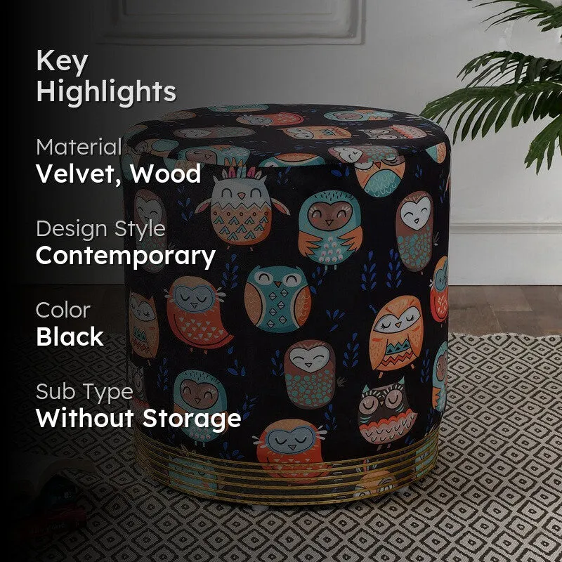 Avira Owl-print Velvet Pouffe - Black media 2