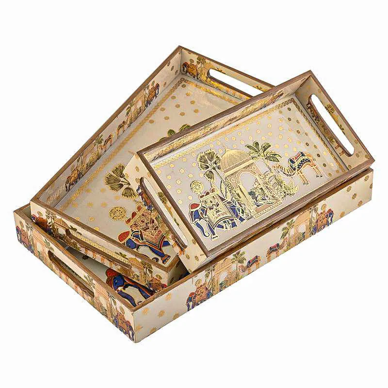Rajvaha Premium Beige MDF Serving Tray Set - Pack of 3 media 6